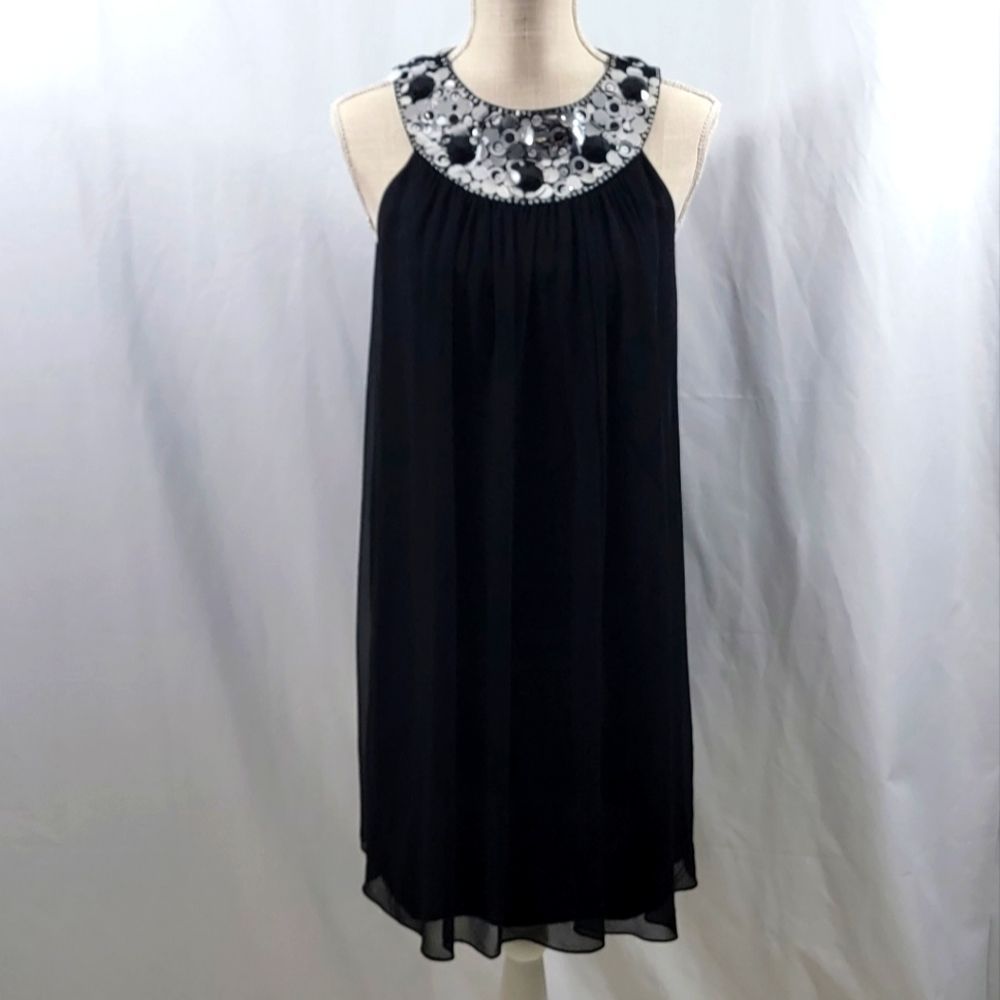 Maggy London Silk Beaded Sequin Neck Black Chiffon Dress. SIZE 4. #249